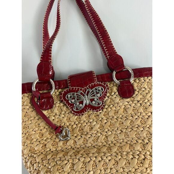 Brighton Straw Shoulder Bag Red Trim Butterfly Magnetic Closure Handbag Purse - Picture 4 of 10